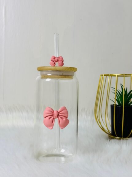 Cute Pink Pookie Glass With Bow Straw and Wooden Lid