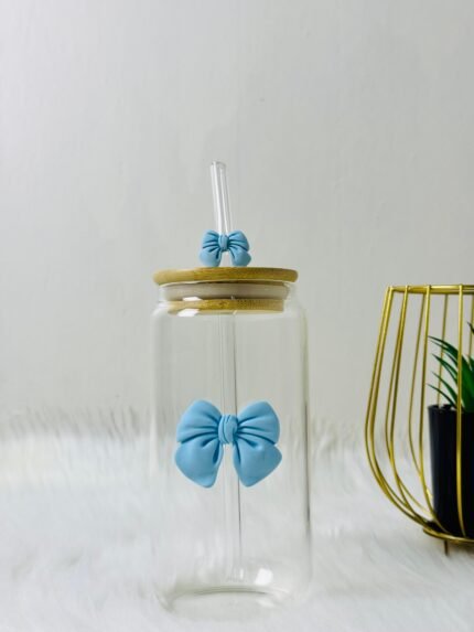 Cute Blue Pookie Glass With Bow Straw and Wooden Lid