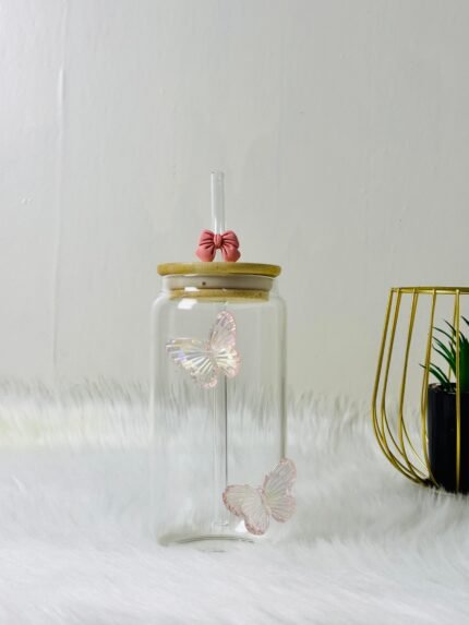 Cute Pink Butterfly Glass With Bow Straw and Wooden Lid