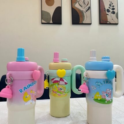 Stainless Steel Cute Kawaii Printed Insulated Tumbler Sipper With Handle And Straw 850ml